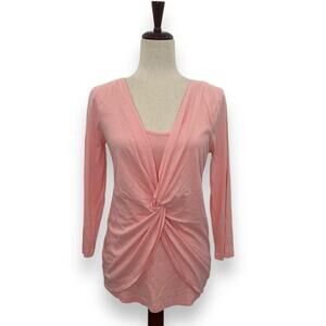 Three Dots Light Pink Knot Front Top Size Large Cotton Modal Draped Twist Wrap